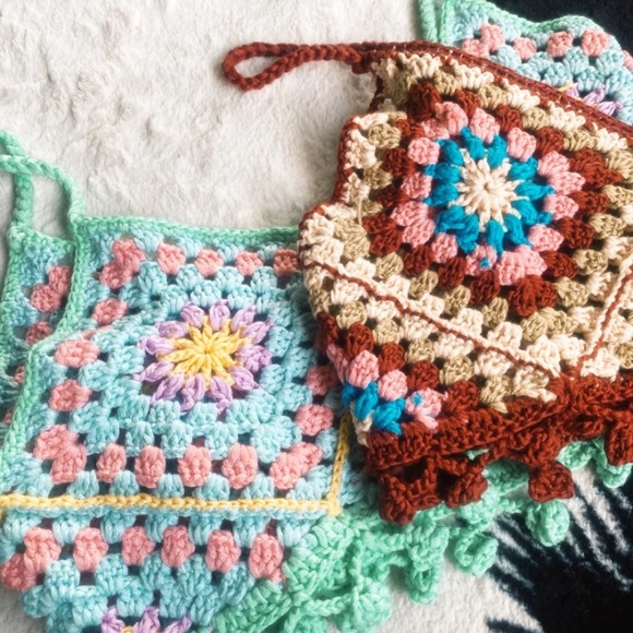 Sky Light Blue Multi Color Crochet Hand Knit Cropped Boho Festival Crop Top - Picture 3 of 3